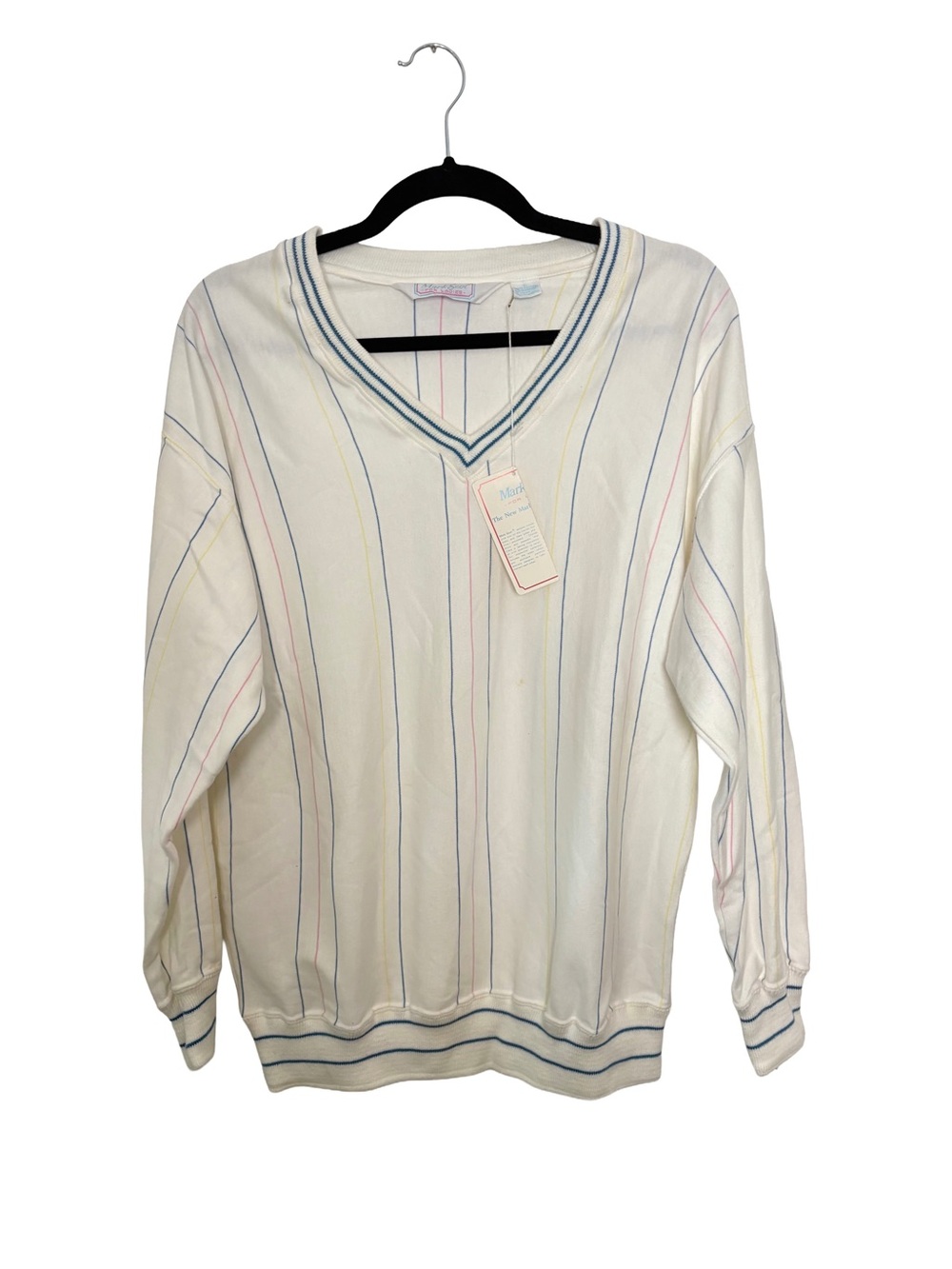 Vintage 90s V-Neck Stripe Sweater - White with Pastel Stripes NWT